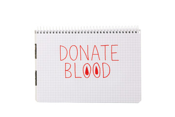 PNG,notebook with the inscription "donate blood". Blood donation,isolated on white background