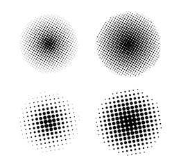 Set of circular halftone dots isolated on white background. Vector illustration of round halftone dots of different sizes and densities.