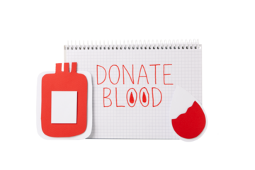 PNG,a paper container of blood with a notebook. Blood donation,isolated on white background