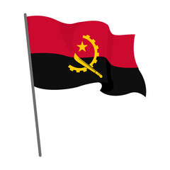 Flag Angola is flying. Official flag Angola flies of flagpole. Independence Day. Banner, flyer, poster template. National flag Angola with coat of arms. Wavy flag Angola.