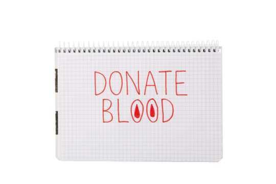 PNG,notebook with the inscription "donate blood". Blood donation,isolated on white background
