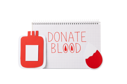 PNG,a paper container of blood with a notebook. Blood donation,isolated on white background