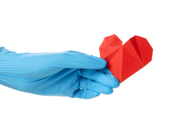 PNG,a paper heart in a hand in a blue glove. Blood donation,isolated on white background