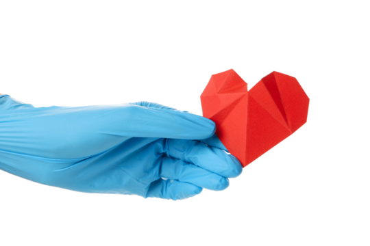 PNG,a paper heart in a hand in a blue glove. Blood donation,isolated on white background