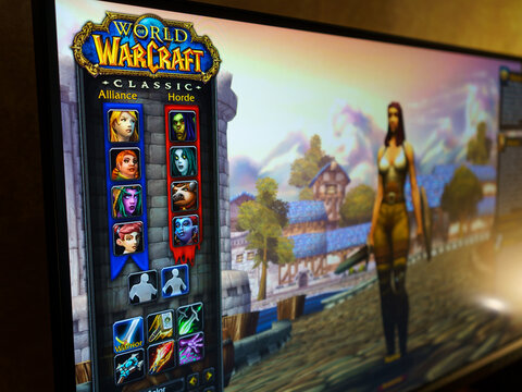 Dnipro, Ukraine 08.23.2023: Close up of World of Warcraft Сlassic Hardcore logo. Character creation screen. WoW is a massively multiplayer online role-playing game (MMORPG) released in 2004 Blizzard
