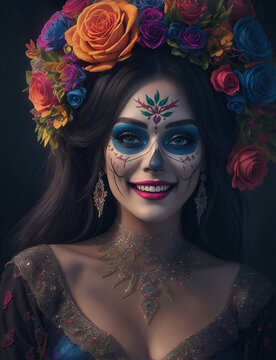 beautiful woman with painted skull on her face for Mexico's Day of the Dead