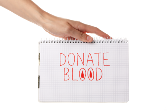 PNG,notebook with the inscription "donate blood". Blood donation,isolated on white background