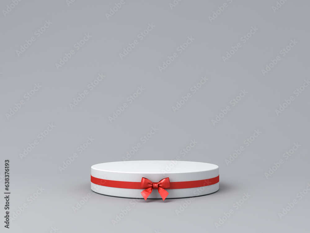 Aufkleber Blank round gift podium pedestal with red ribbon bow isolated on light gray background minimal conceptual 3D rendering