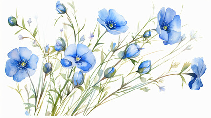 Watercolor branch with flowers and flax buds. wild background