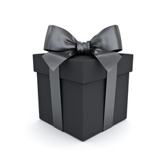 Black gift box or present box with black ribbon and bow isolated on white background with shadow black friday sale concepts 3D rendering