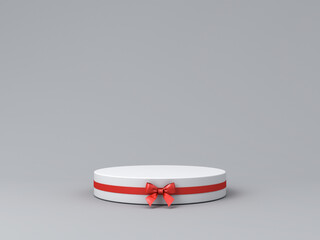 Blank round gift podium pedestal with red ribbon bow isolated on light gray background minimal conceptual 3D rendering