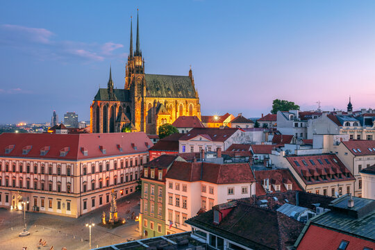Brno, Czech Republic. Aerial cityscape image of Brno, second largest city in Czech Republic with the Cathedral of St. Peter and Paul at summer sunset.