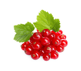 Pile of fresh ripe redcurrants and green leaves isolated on white