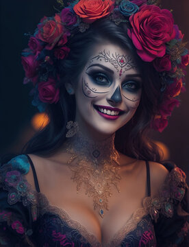 beautiful woman with painted skull on her face for Mexico's Day of the Dead