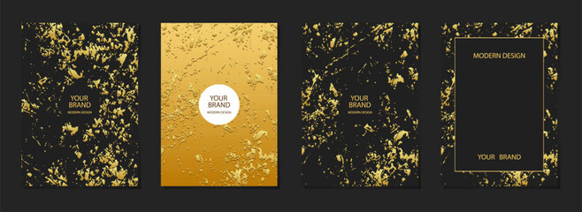Set of original cover design. Black backgrounds, marble grunge texture, crack. Geometric 3d embossed, golden pattern. Collection of abstract vector vertical templates for modern creativity.