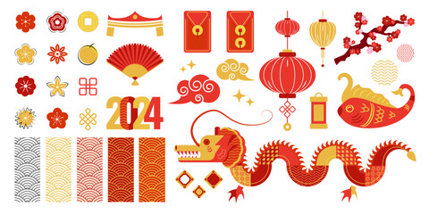 Chinese New Year design elements set, decorative vector objects, Asian decorative art for postcards, cards, banners, prints.