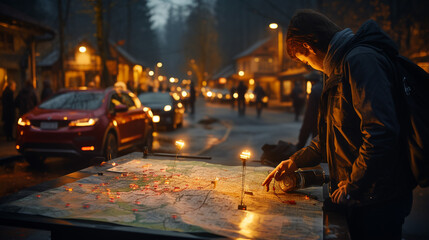 Human pointing at world map.