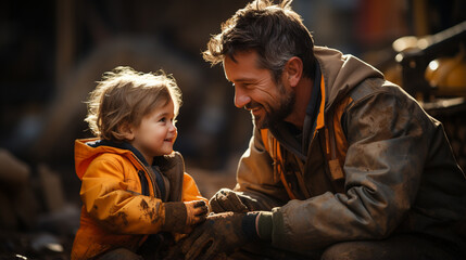 Fototapeta premium Father and little son construction workers in special uniforms.