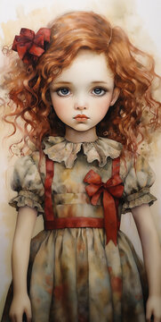 illustration drawing of girl doll in retro style. Curly girl. happy childhood