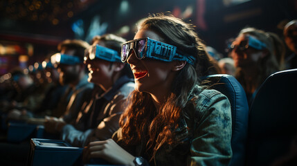 Fototapeta na wymiar Group of people wearing 3d-glasses watching a movie in cinema.