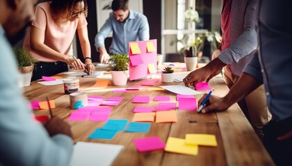 Obraz premium Discuss with colorful note paper on the wooden table, plan the concept of success