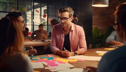 Fototapeta premium Discuss with colorful note paper on the wooden table, plan the concept of success