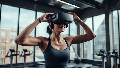 Fototapeta na wymiar Young women use vr headsets to engage in virtual reality fitness