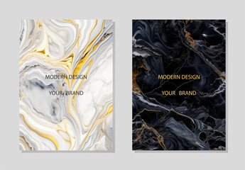 Cover design set. Abstract black and white with gold watercolor 3d backgrounds, pattern with liquid marble watercolor texture, ink effect. Collection of vertical templates in trendy colors.