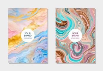Cover design set. Abstract multicolored watercolor 3d backgrounds, pattern with liquid marble watercolor texture, ink effect. Collection of luxury vertical templates in trendy colors.
