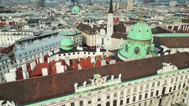 Cathedrals and cityscape City of Vienna, Austria. Roman Catholic Archdiocese of Vienna, Vienna aerial skyline view from drone video. Hofburg Palace and heritage buildings in the Historic Centre