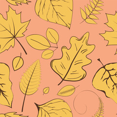 autumn seamless pattern set, fallen yellow leaves contour	on pink. modern print 