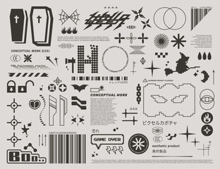 Vector set of elements in Y2K style on a light background. Halloween poster in digital style for web use.