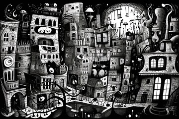 Fantasy old town at night. Doodle art, drawing style, graphic artwork poster design. Generative Ai illustration