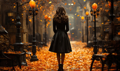 A lonely girl walks down the street on an autumn day.