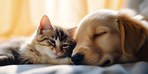 Cute cat and golden retriever puppy on bed at home, closeup
