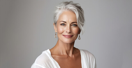 Adult woman with smooth healthy face skin. Beautiful aging mature woman with gray hair and happy smiling touch face. Beauty and cosmetics skincare advertising concept - 638382107