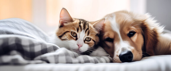 Cute cat and dog lying together on bed at home