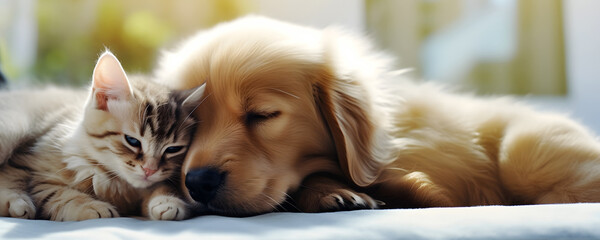Cute Golden Retriever puppy and cat lying on the bed