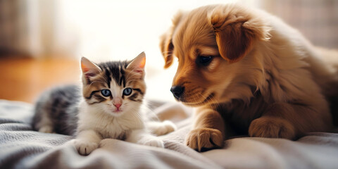 Cute little kitten and golden retriever puppy on bed at home