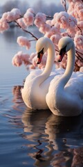 A beautiful couple of swans on a pink blue reed lake, vertical orientation