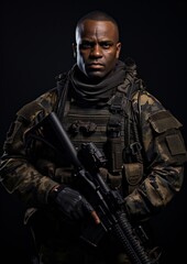 Fototapeta na wymiar A black male mercenary, photo-realistic elite forces on black with copy space