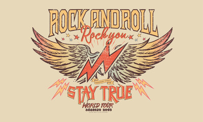 Stay true. Rock you. Music world tour. Rock and roll vector graphic print design for apparel, stickers, posters, background and others. Wild and free. Guitar music poster. Thunder with star artwork. - obrazy, fototapety, plakaty