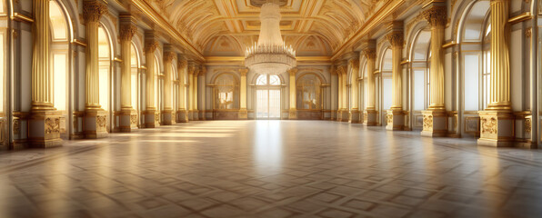 A classic extravagant European style palace hall with golden chandeliers - obrazy, fototapety, plakaty