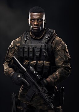 A black male mercenary, photo-realistic elite forces on black with copy space