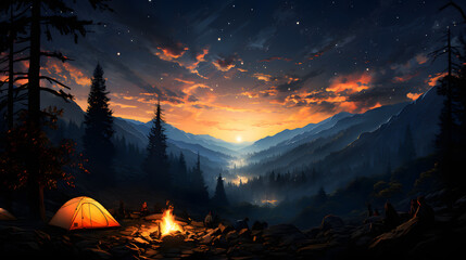 Embarking on a summer wilderness odyssey. The campfires radiant glow during twilight imparts solace and luminosity