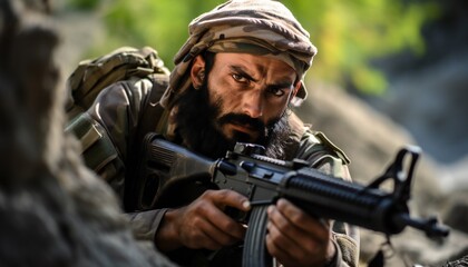A Muslim soldier in war zone fighting with enemy