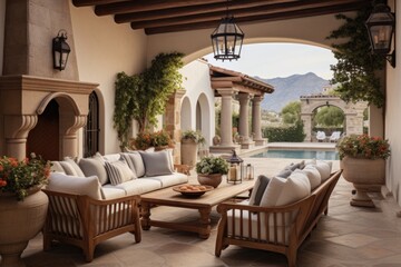 Open patio in Mediterranean style with comfortable armchairs