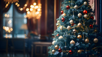 Fototapeta na wymiar Festive Fir Tree Adorned with Ornaments and Gleaming Soft Lights