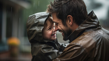 Dad holds his son in his arms, hides him from the rain - obrazy, fototapety, plakaty