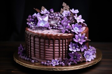 Obraz na płótnie Canvas Bouquet baking, chocolate cake with purple flowers